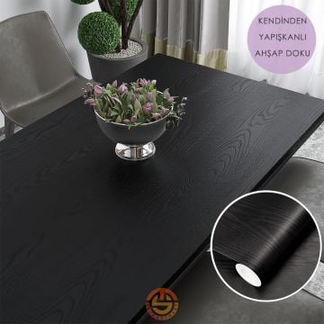 TechnoSmart 60cm×500cm Kendinden Yapışkanlı Ahşap Görünümlü Kaplama Kağıdı Mutfak Dolap Masa Duvar Siyah