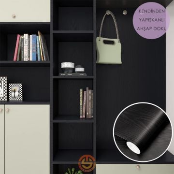 TechnoSmart 60cm×500cm Kendinden Yapışkanlı Ahşap Görünümlü Kaplama Kağıdı Mutfak Dolap Masa Duvar Siyah