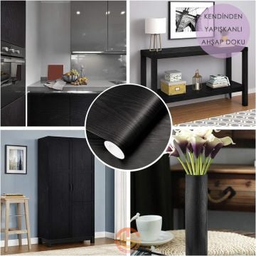 TechnoSmart 60cm×500cm Kendinden Yapışkanlı Ahşap Görünümlü Kaplama Kağıdı Mutfak Dolap Masa Duvar Siyah