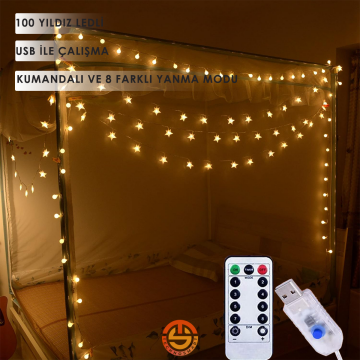 TechnoSmart 100 Yıldız Ledli 10mt. Kumandalı Usbli 8 Modlu Dekoratif Şerit Led Işık Yılbaşı Süsleme
