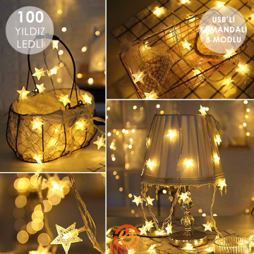 TechnoSmart 100 Yıldız Ledli 10mt. Kumandalı Usbli 8 Modlu Dekoratif Şerit Led Işık Yılbaşı Süsleme