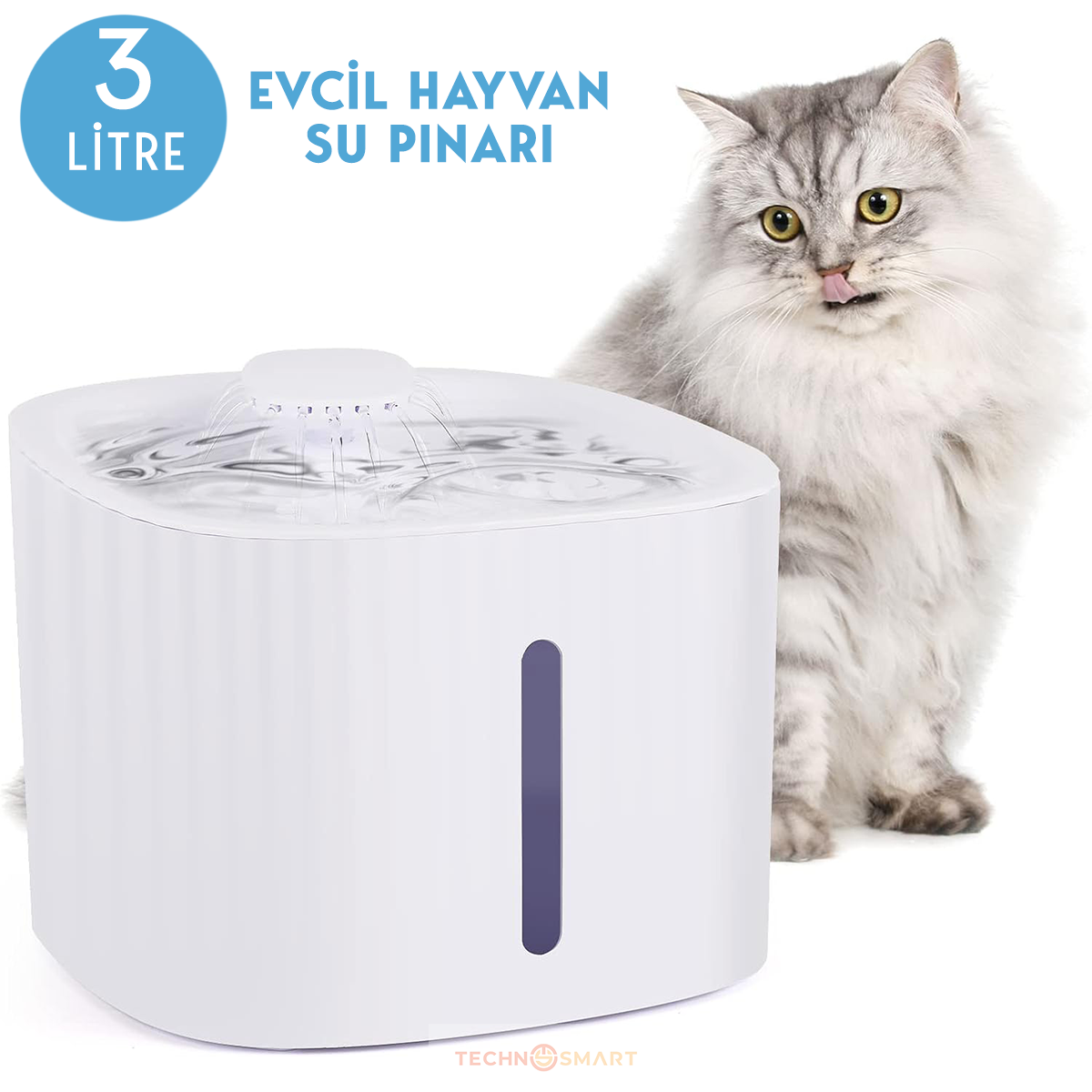 TechnoSmart Kedi Köpek Su Çeşmesi Su Pınarı Kabı 3 Lt. Seviye Göstergeli 2 Farklı Su Akışlı