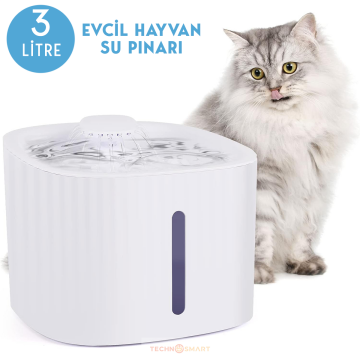 TechnoSmart Kedi Köpek Su Çeşmesi Su Pınarı Kabı 3 Lt. Seviye Göstergeli 2 Farklı Su Akışlı Beyaz Su Pınarı