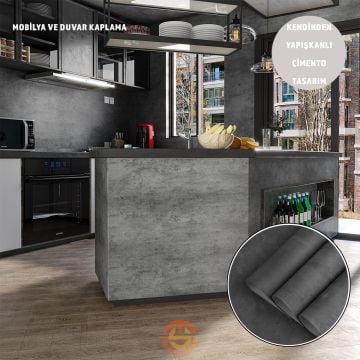 TechnoSmart 60cm×500cm Kendinden Yapışkanlı Çimento Görünümlü Duvar Kağıdı Dolap Masa Tezgah Kaplama Antrasit