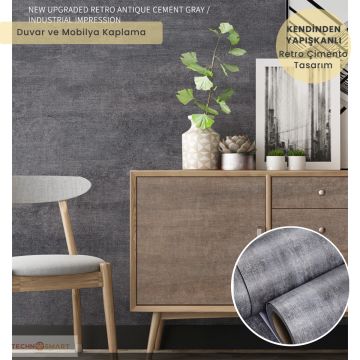 TechnoSmart 60cm×500cm Kendinden Yapışkanlı Dokulu Çimento Görünümlü Duvar Kağıdı Dolap Masa Kaplama Gri