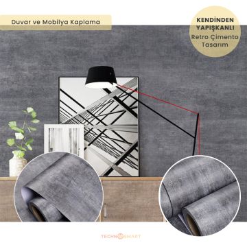 TechnoSmart 60cm×500cm Kendinden Yapışkanlı Dokulu Çimento Görünümlü Duvar Kağıdı Dolap Masa Kaplama Antrasit