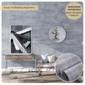 TechnoSmart 60cm×500cm Kendinden Yapışkanlı Dokulu Çimento Görünümlü Duvar Kağıdı Dolap Masa Kaplama Gri