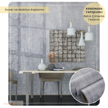 TechnoSmart 60cm×500cm Kendinden Yapışkanlı Dokulu Çimento Görünümlü Duvar Kağıdı Dolap Masa Kaplama Gri