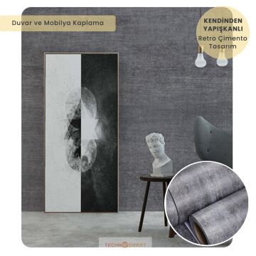 TechnoSmart 60cm×500cm Kendinden Yapışkanlı Dokulu Çimento Görünümlü Duvar Kağıdı Dolap Masa Kaplama Antrasit