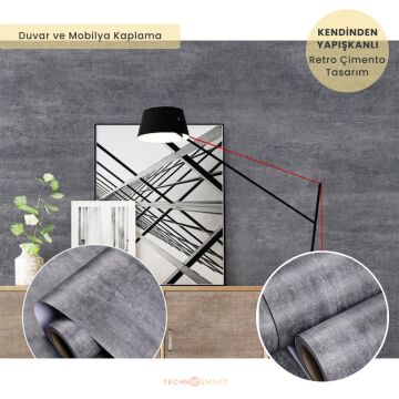 TechnoSmart 60cm×500cm Kendinden Yapışkanlı Dokulu Çimento Görünümlü Duvar Kağıdı Dolap Masa Kaplama Antrasit