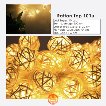 TechnoSmart Dekoratif 10'lu Rattan Model Fişli Şerit Led Süsleme