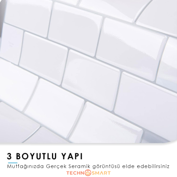 TechnoSmart 3D Kendinden Yapışkanlı 30×30cm Kaplama Seramik Görünüm Beyaz Duvar Sticker Mutfak Banyo