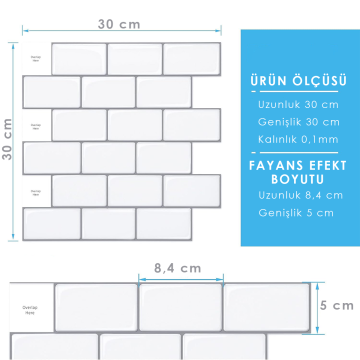 TechnoSmart 3D Kendinden Yapışkanlı 30×30cm Kaplama Seramik Görünüm Beyaz Duvar Sticker Mutfak Banyo