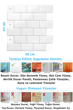 TechnoSmart 3D Kendinden Yapışkanlı 30×30cm Kaplama Seramik Görünüm Beyaz Duvar Sticker Mutfak Banyo