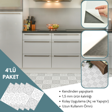 TechnoSmart 4 Adet 30cm×30cm Kendinden Yapışkanlı LVT Zemin Duvar Kaplama Mutfak Banyo Karo Sticker