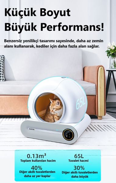 Akıllı Otomatik Kedi Tuvaleti, Tuya App-Wifi Uzaktan Kontrol, 65lt Hazne, 9lt Çöp haznesi-UV Kötü Koku Temizleme, Ağırlık sensörlü