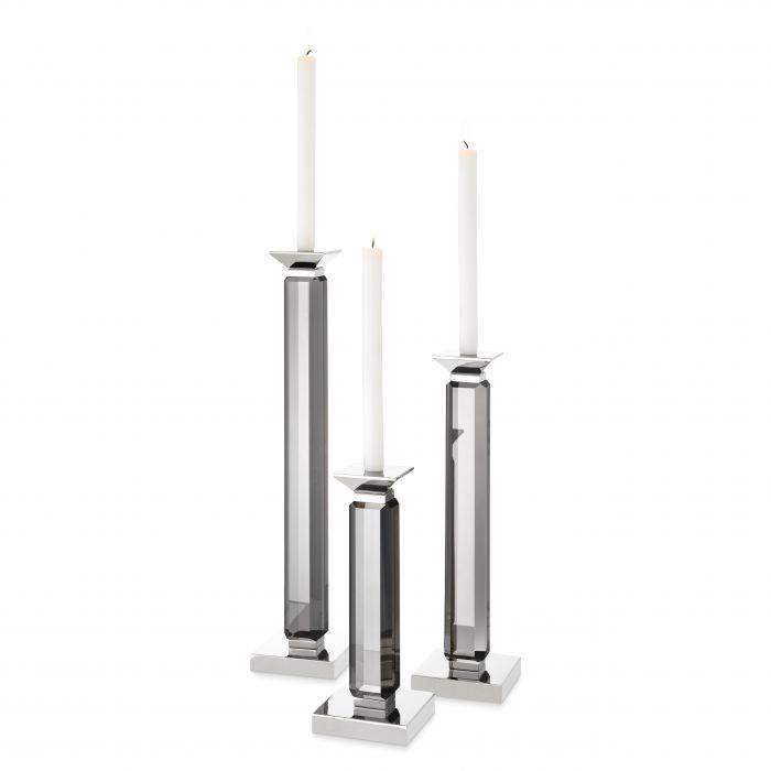 Candle holder livia smoke crystal glass | nickel finish set of 3 12x12x h: 57 cm - 43 cm - 30 cm | 3!lü Set Kristal Füme Şamdan