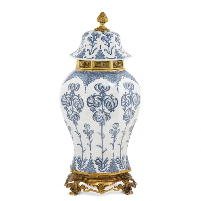 Vase debussy Blue & white ceramic | antique gold finish 26x54 cm | Seramik Pirinç Küp