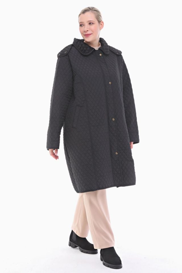 KAPÜŞONLU SİYAH 105 CM KAPİTONE KABAN