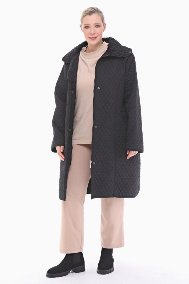 KAPÜŞONLU SİYAH 105 CM KAPİTONE KABAN