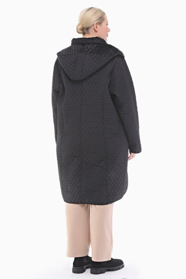 KAPÜŞONLU SİYAH 105 CM KAPİTONE KABAN