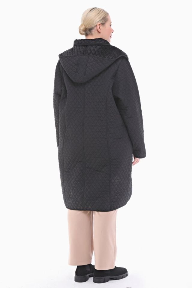 KAPÜŞONLU SİYAH 105 CM KAPİTONE KABAN