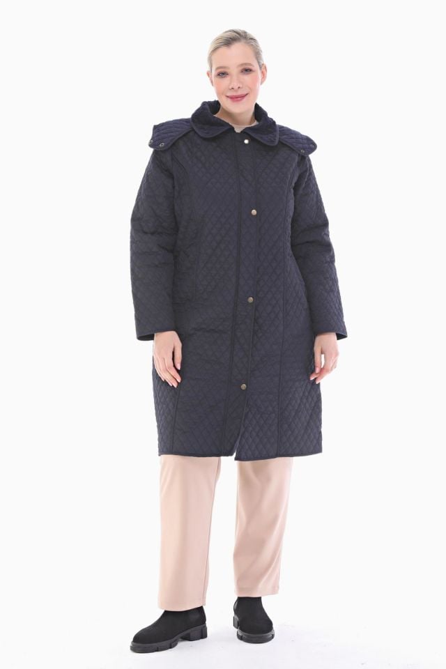 KAPÜŞONLU LACİVERT 105 CM KAPİTONE KABAN