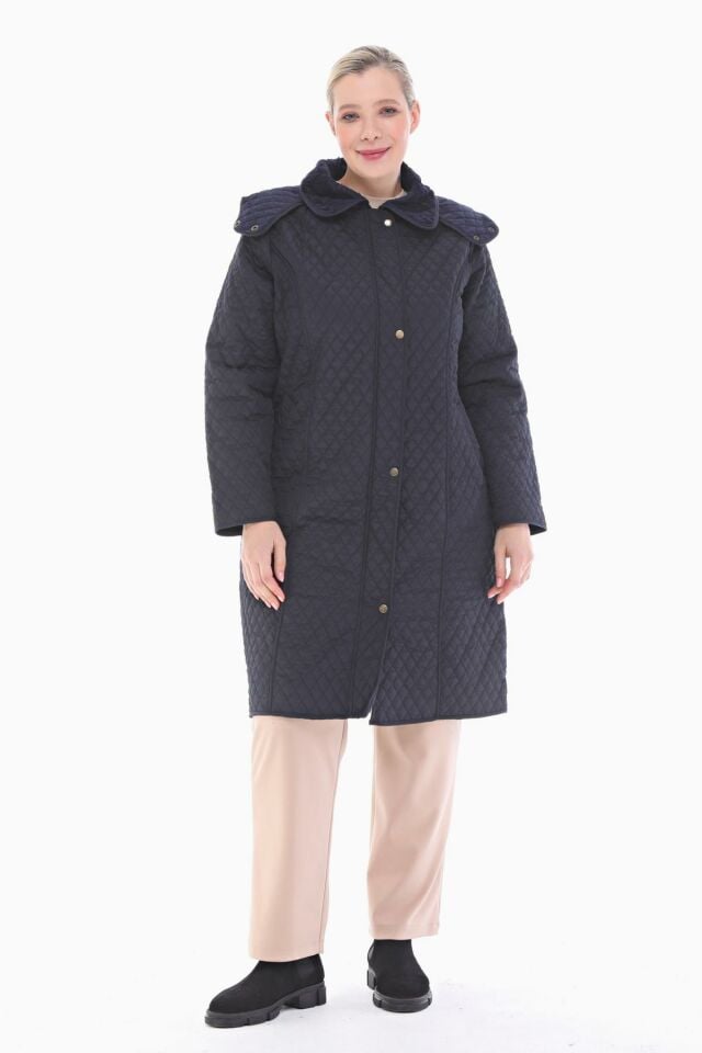 KAPÜŞONLU LACİVERT 105 CM KAPİTONE KABAN