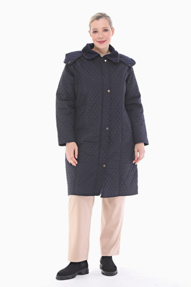 KAPÜŞONLU LACİVERT 105 CM KAPİTONE KABAN