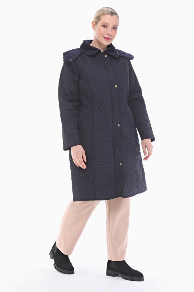 KAPÜŞONLU LACİVERT 105 CM KAPİTONE KABAN