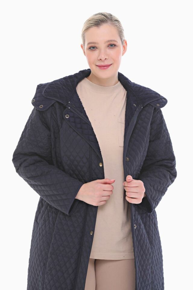 KAPÜŞONLU LACİVERT 105 CM KAPİTONE KABAN