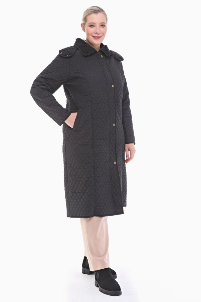 KAPÜŞONLU SİYAH 120 CM KAPİTONE KABAN