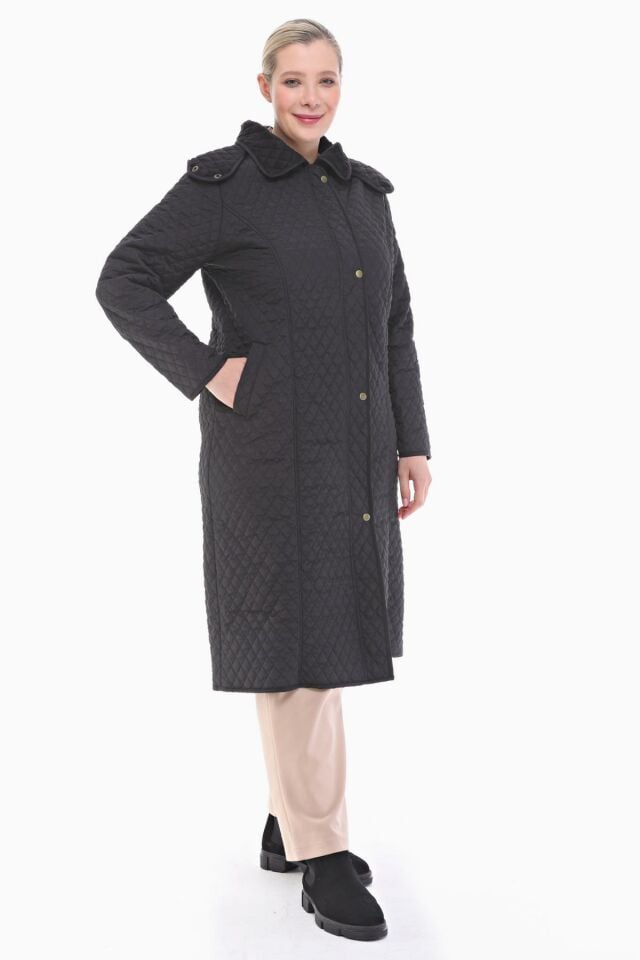 KAPÜŞONLU SİYAH 120 CM KAPİTONE KABAN