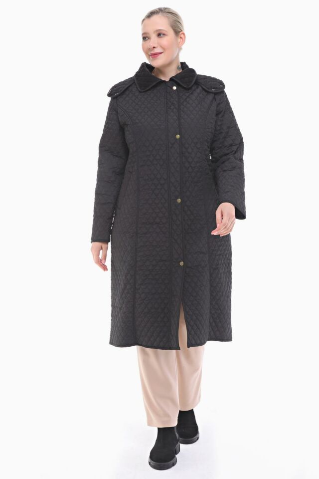 KAPÜŞONLU SİYAH 120 CM KAPİTONE KABAN
