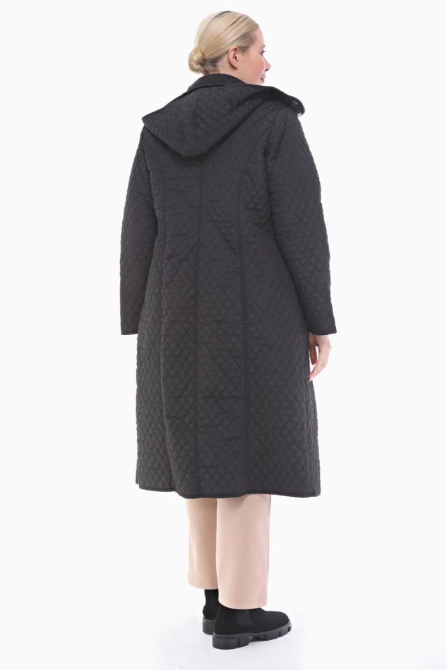 KAPÜŞONLU SİYAH 120 CM KAPİTONE KABAN