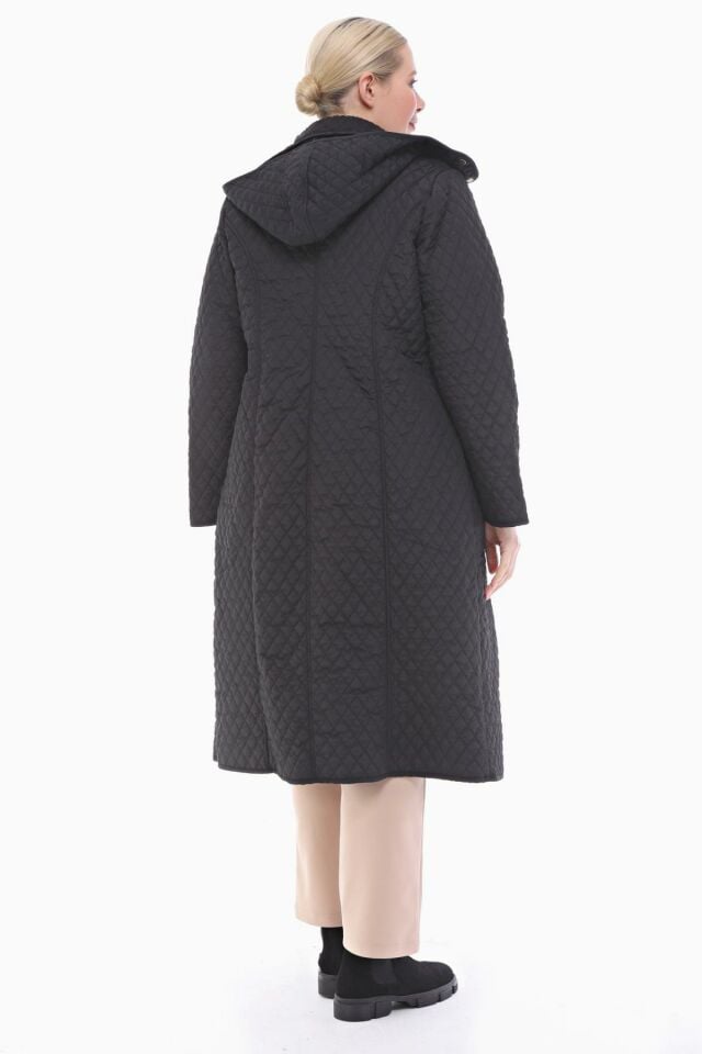 KAPÜŞONLU SİYAH 120 CM KAPİTONE KABAN