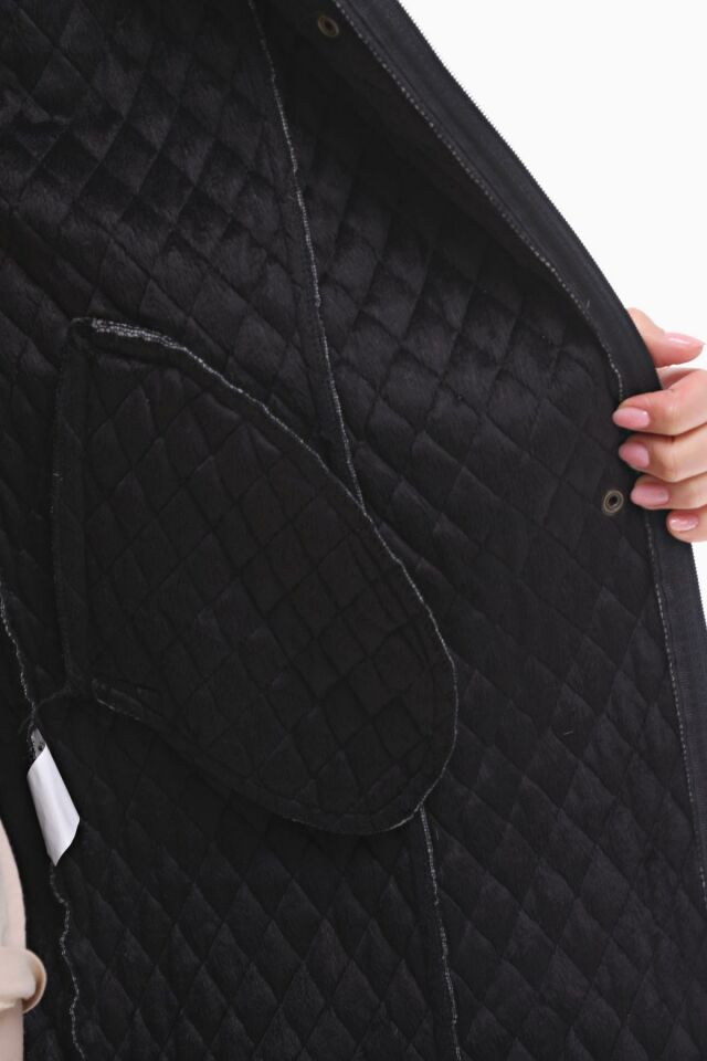 KAPÜŞONLU SİYAH 120 CM KAPİTONE KABAN