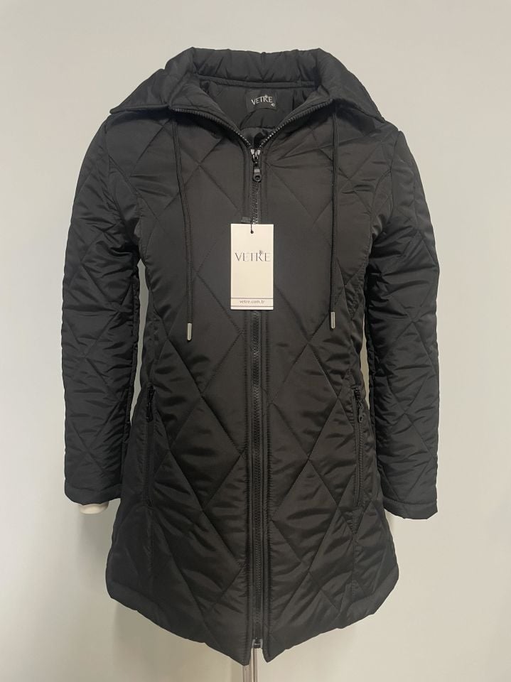 Vetre Kapüşonlu Siyah Baklava Desen Mont