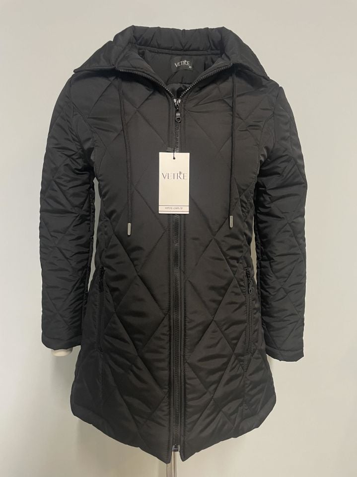 Vetre Kapüşonlu Siyah Baklava Desen Mont