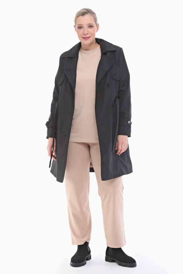 DÜĞMELİ SİYAH KRUVAZE TRENÇKOT