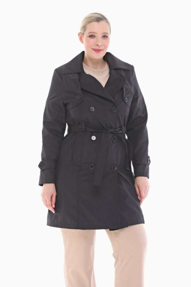 DÜĞMELİ SİYAH KRUVAZE TRENÇKOT