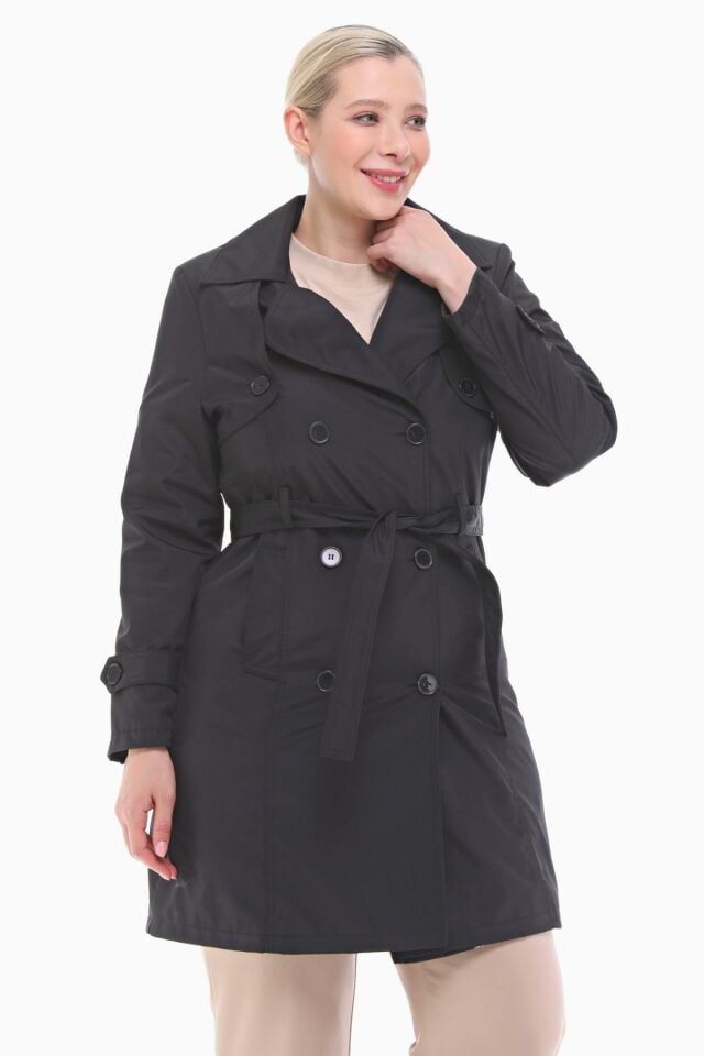 DÜĞMELİ SİYAH KRUVAZE TRENÇKOT