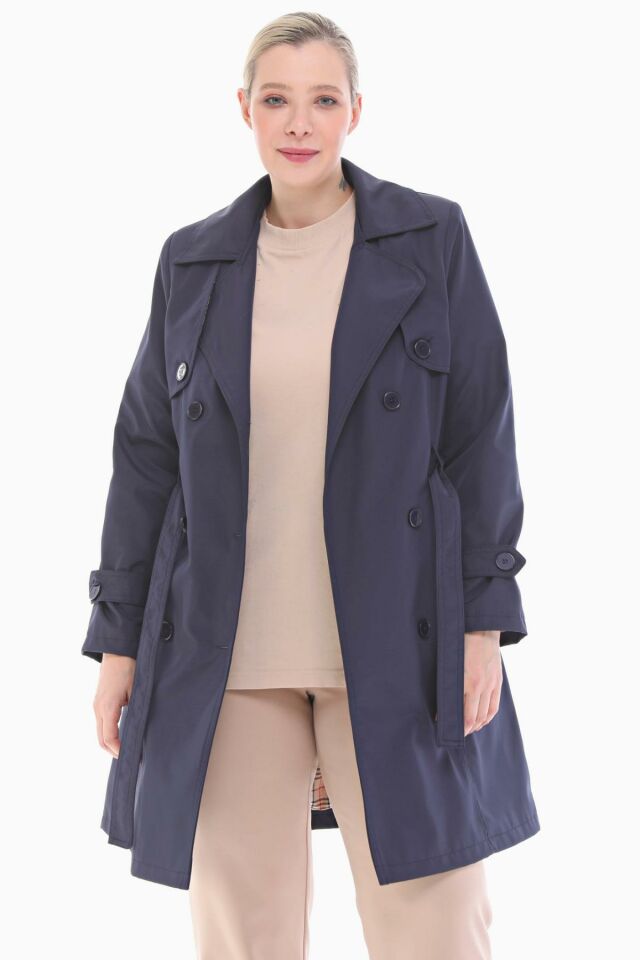 DÜĞMELİ LACİVERT KRUVAZE TRENÇKOT