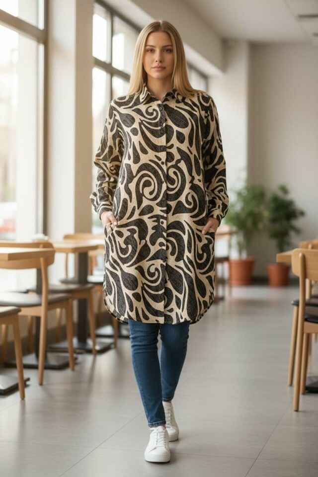 VETRE KADIN BÜYÜK BEDEN UZUN VİSKON GÖMLEK