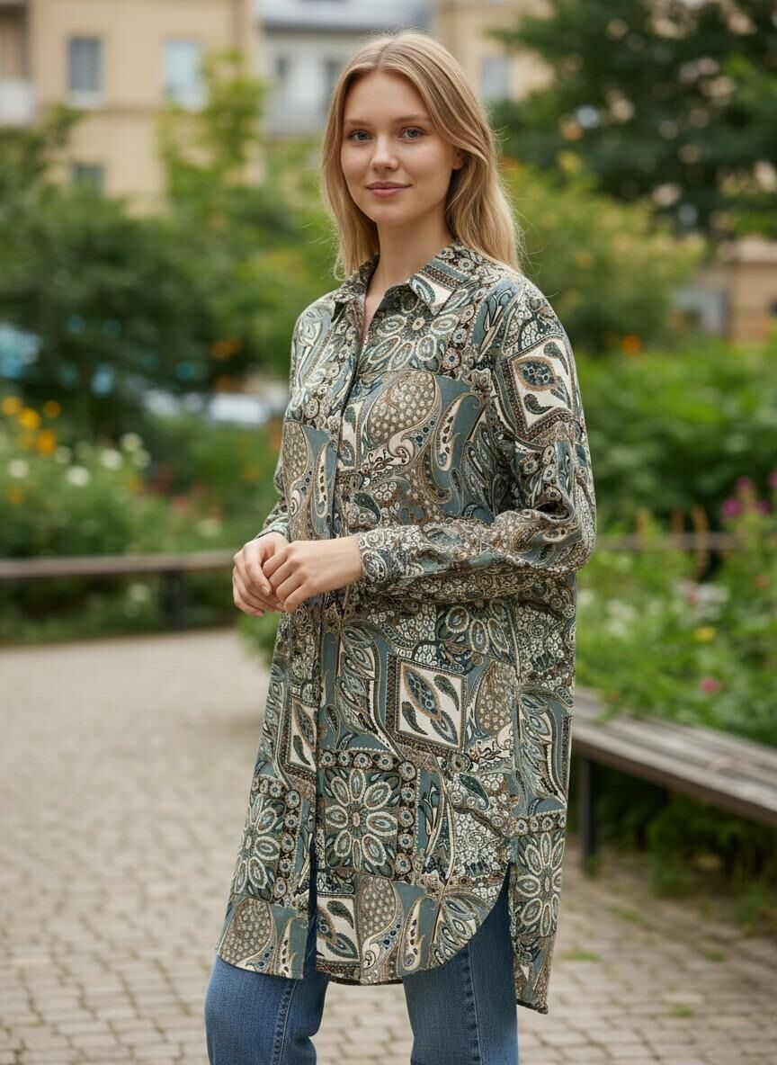 VETRE KADIN BÜYÜK BEDEN UZUN VİSKON GÖMLEK