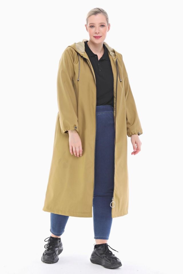 KAPÜŞONLU VİZON UZUN TRENÇKOT