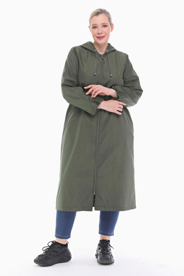 KAPÜŞONLU HAKİ UZUN TRENÇKOT