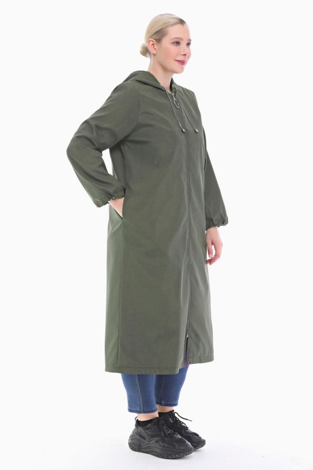 KAPÜŞONLU HAKİ UZUN TRENÇKOT