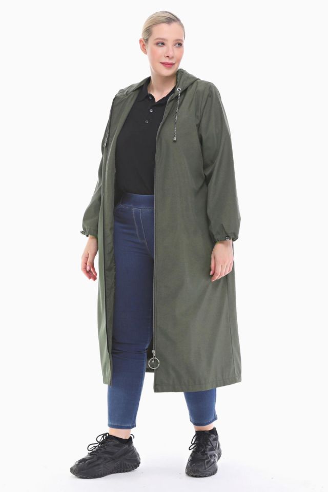 KAPÜŞONLU HAKİ UZUN TRENÇKOT