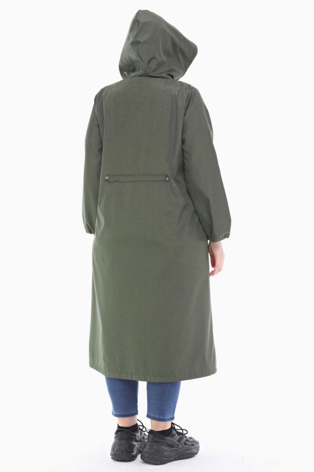 KAPÜŞONLU HAKİ UZUN TRENÇKOT